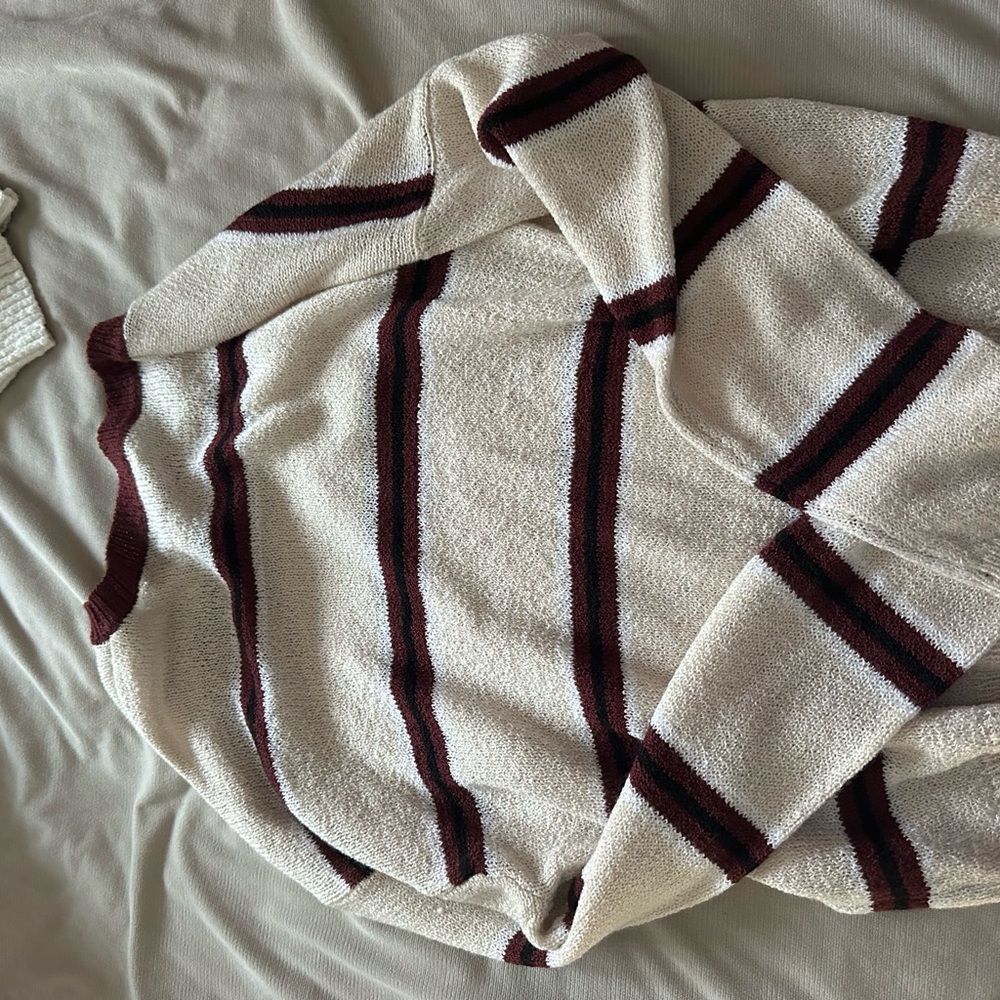 Striped Knit Sweater - Cream and Burgundy